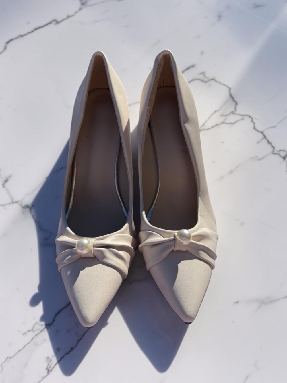 Women's Cream Pointed-Toe Heels with Pearl Accent